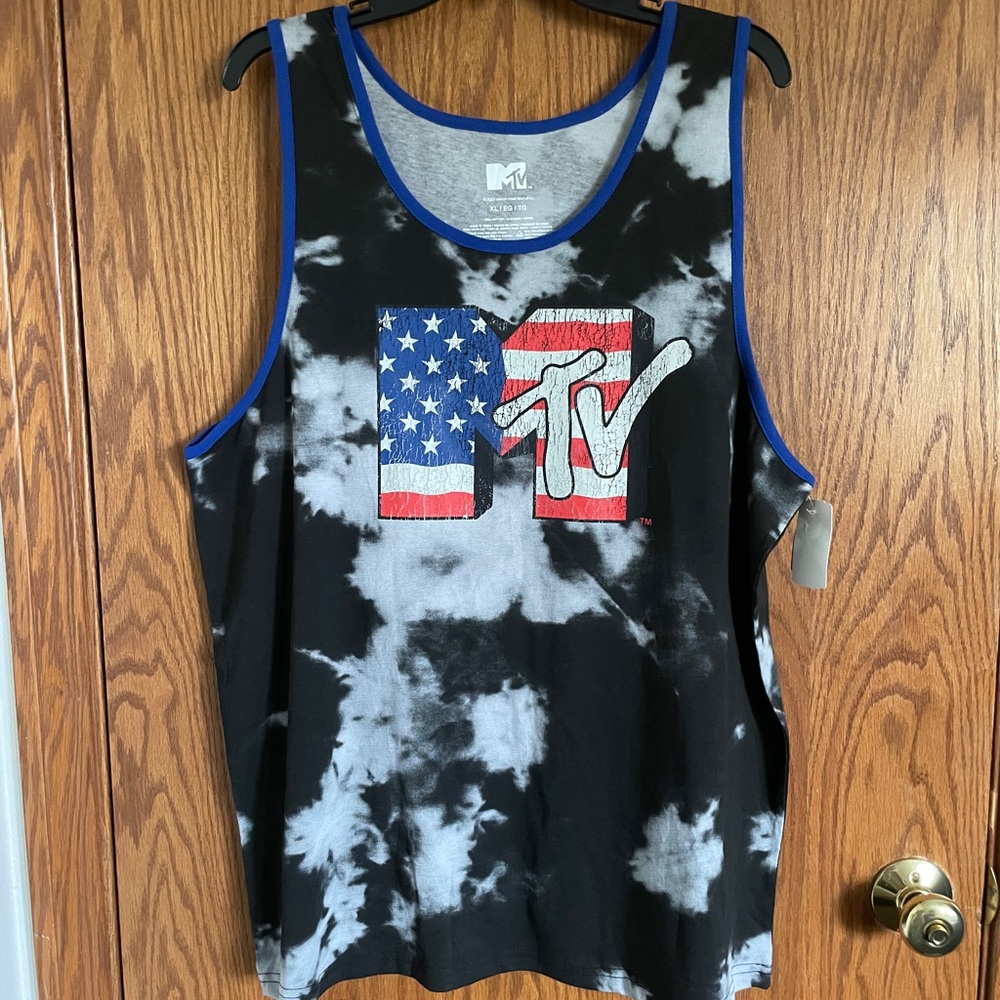 MTV Music Television Distressed Logo Tank Top Black / Gray Tie Dye Men Sz XL NWT